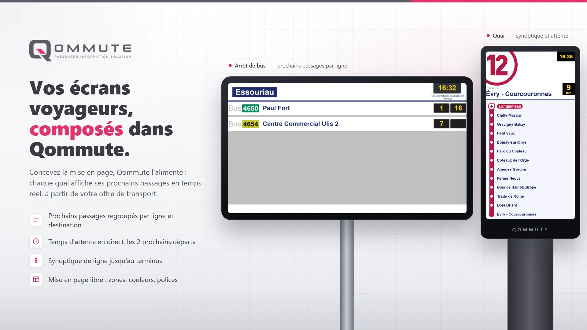 Visual Qommute.Display: Bushaltestellen-Bildschirm mit nächsten Abfahrten und Bahnsteiganzeiger mit Linienplan.